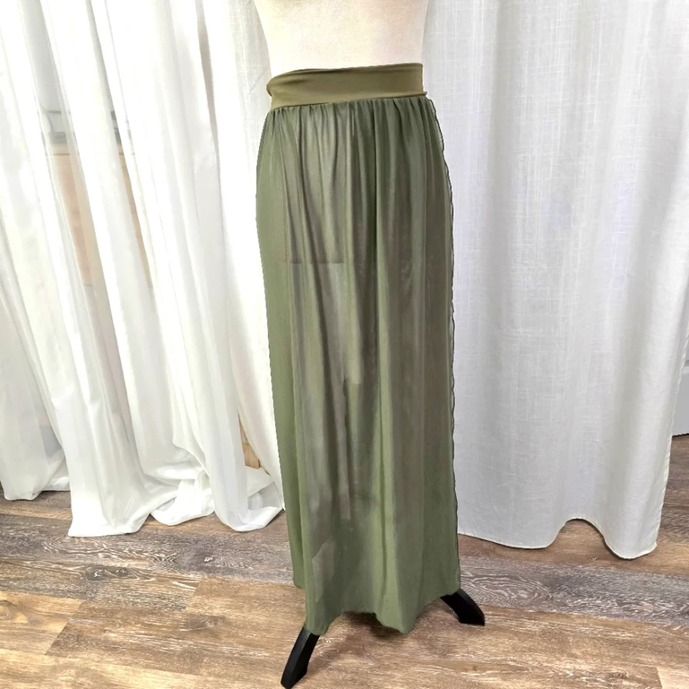 2/$30 Olive Green Maxi‎ Beach Coverup Skirt Size L Sheer Poolside Resort
